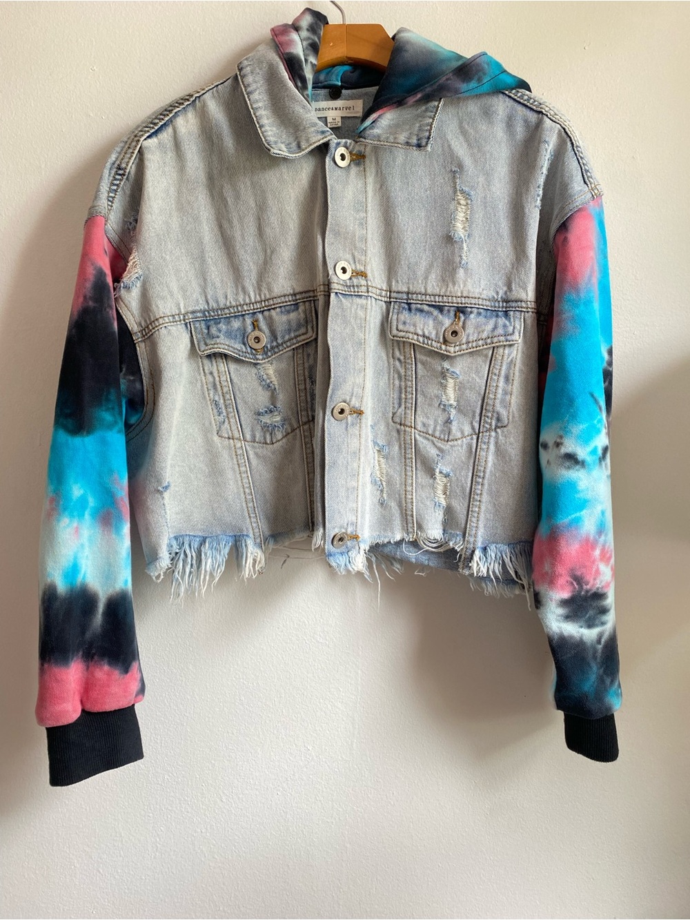 Dance & Marvel Light Wash Denim Jacket with Pink & Blue Tie-Dye Sleeves